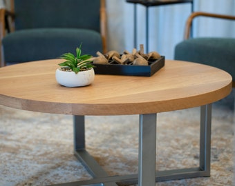 Round Coffee Table for Living Room - Round Oak Coffee Table Wooden Solid Oak Modern Coffee Table with Metal Legs - Custom Made