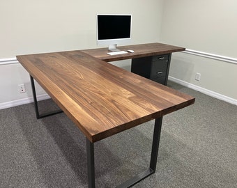 Customizable Solid Walnut L shaped Computer Desk - Writing Desk | Farmhouse Desk | Solid Wood Desk I Walnut table