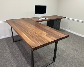 Customizable Solid Walnut L shaped Computer Desk - Writing Desk | Farmhouse Desk | Solid Wood Desk I Walnut table