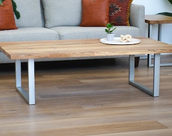 Solid Oak Coffee Table, Farmhouse Style, Industrial Metal Legs, White Oak Wood Grain