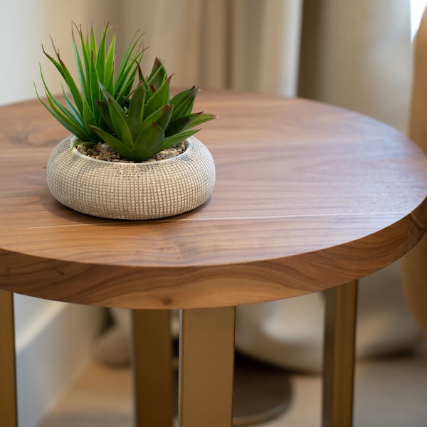 Walnut Round End Table - Solid Wood Round Side Table for Living Room or Bedroom Night Stand - Wood Accent Table Nightstand with Metal Legs