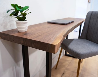 Live Edge Walnut Narrow Desk - Any Size - Handmade Black Walnut Computer Desk Mid Century Modern Walnut Desk