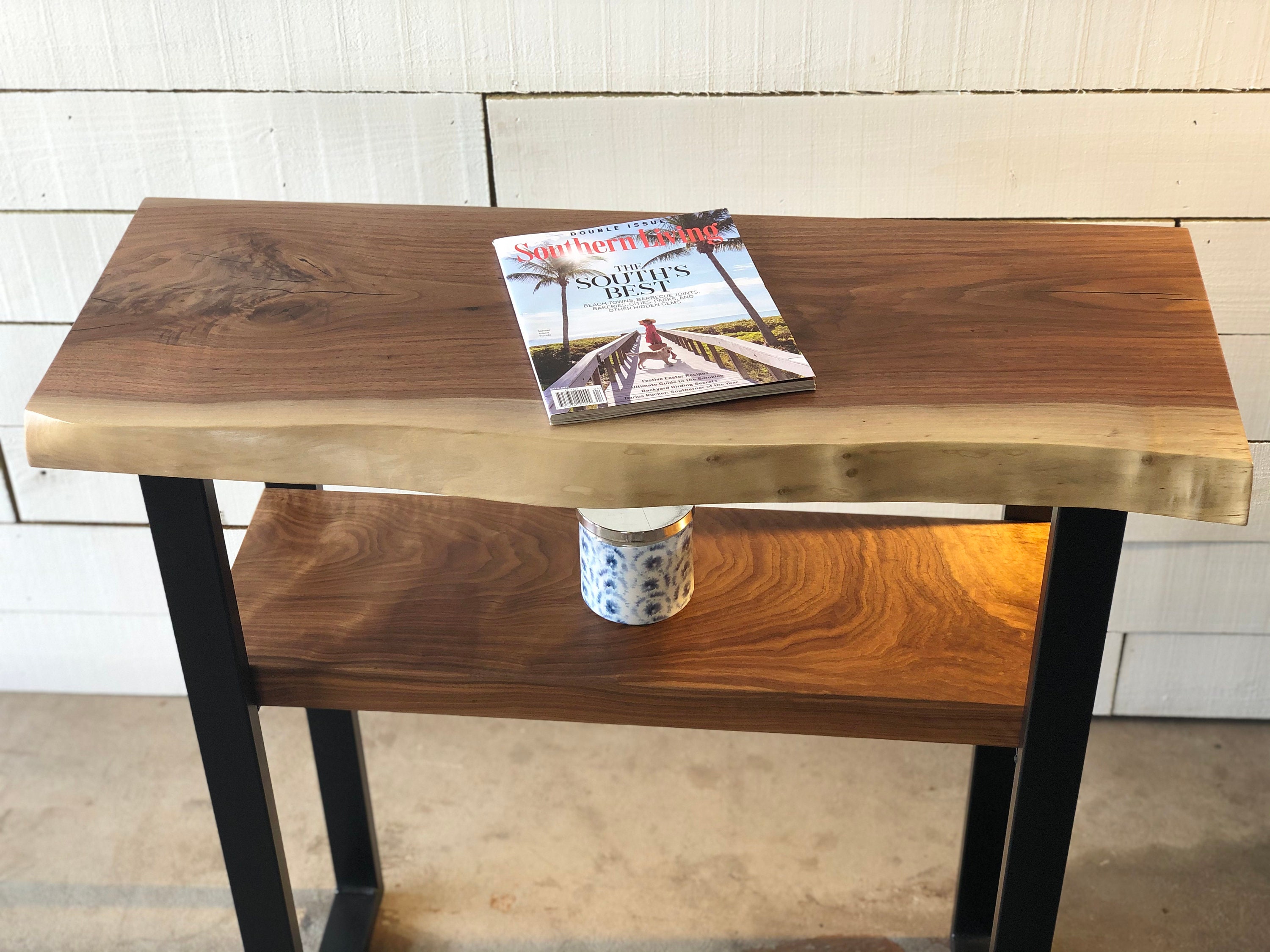 Live edge console table with shelf deals