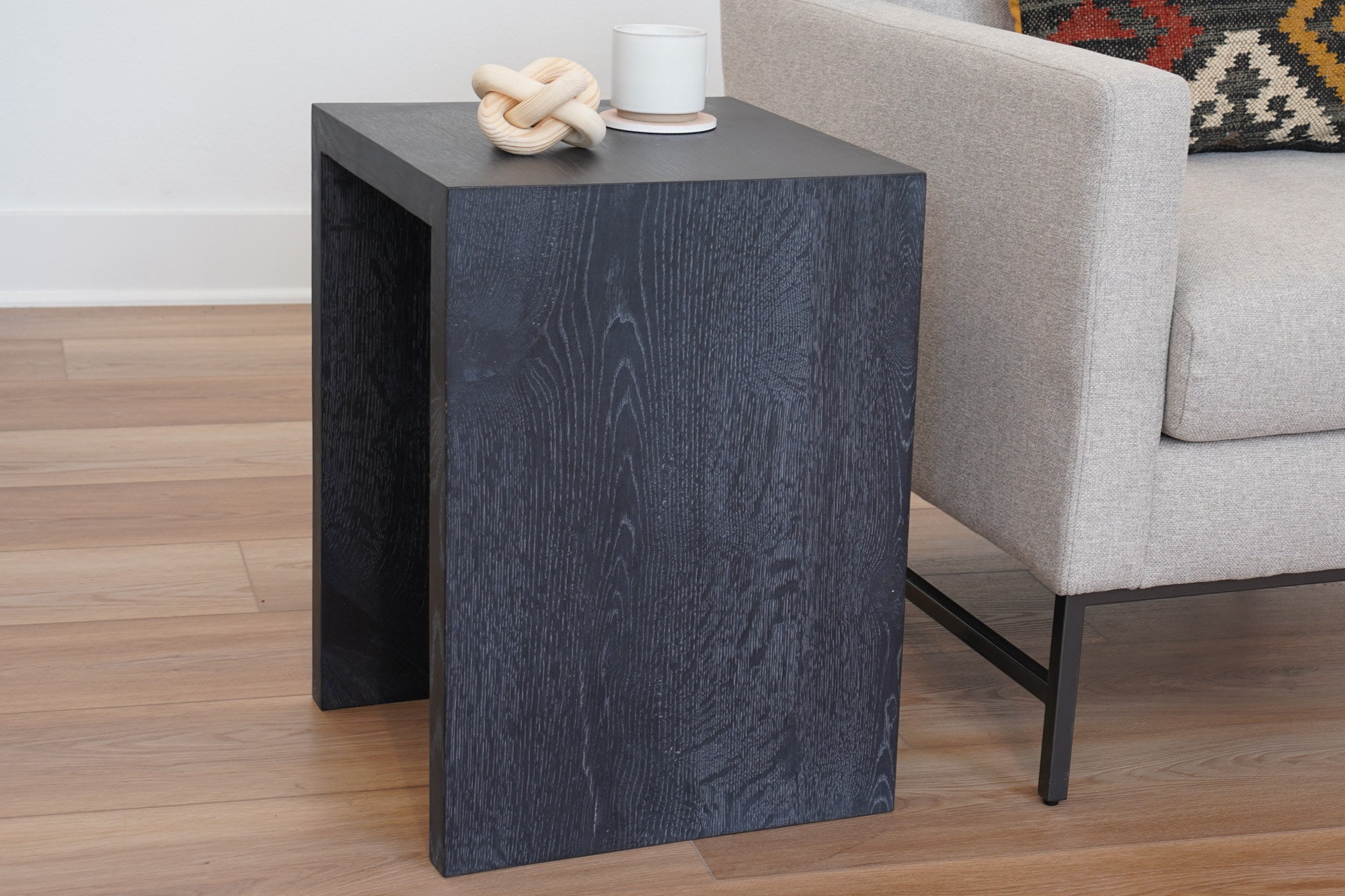 Solid White Oak Waterfall End Table, Black Modern Night Stand