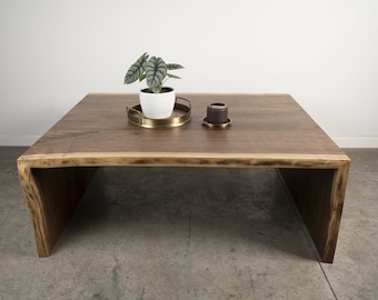Walnut Live Edge Waterfall Coffee Table, Modern Farmhouse Slab Furniture