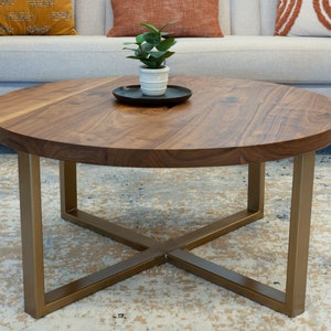 Coffee Table for Living Room - Round Walnut Coffee Table Wooden Solid Walnut Modern Coffee Table with Metal Legs - Custom Made Coffee Table