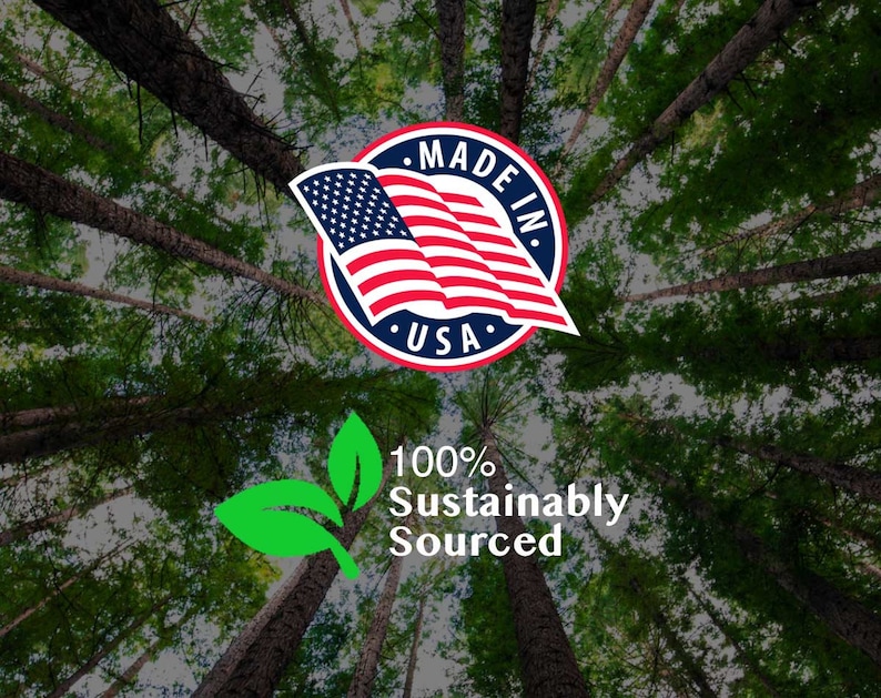 May include: A red, white, and blue American flag with the words "Made in USA" in a circle around it. The flag is against a backdrop of green trees. Below the flag is a green leaf with the text "100% Sustainably Sourced".