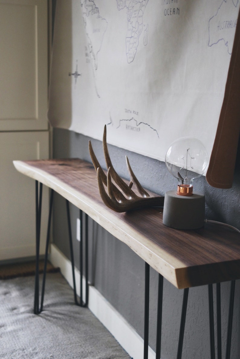 Live Edge Walnut Console Table, Modern Walnut Sofa Table, Mid Century Entry Table, Entryway Table, Live Edge Wood Console, Metal Legs, Long image 6