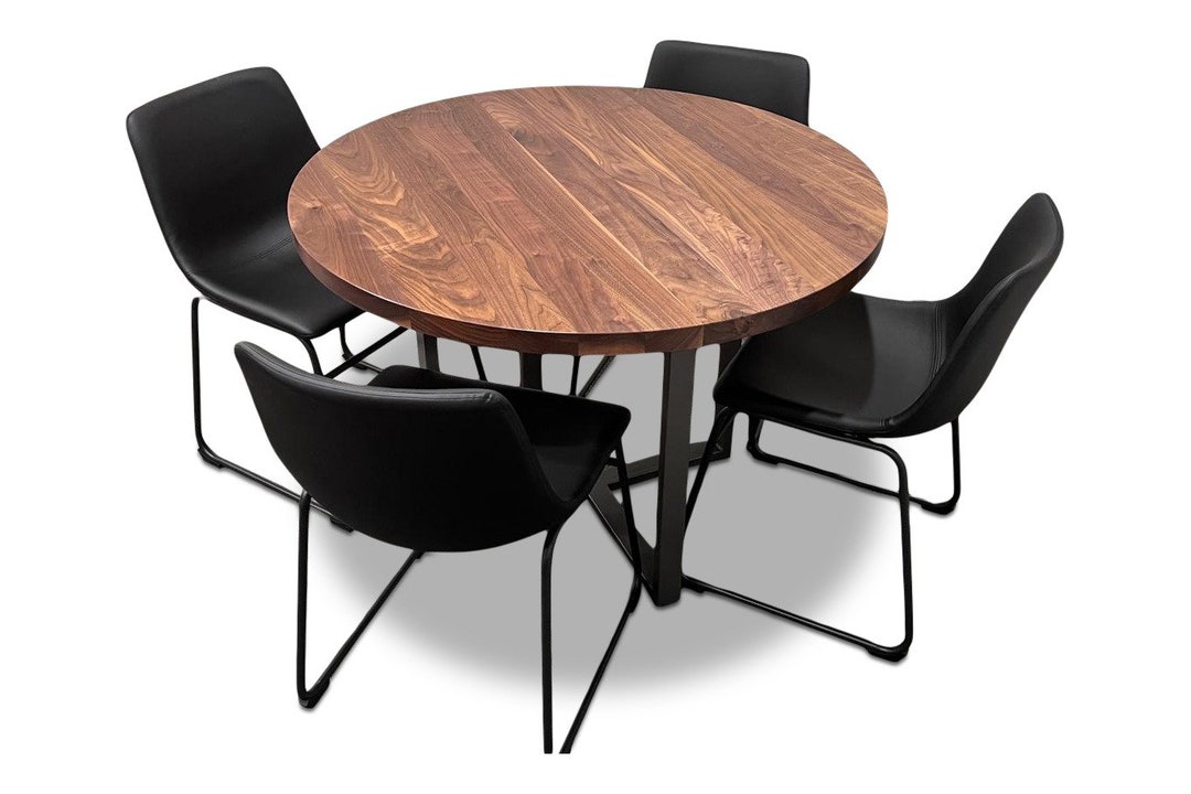 Solid Wood Round Dining Table With Metal Base for Kitchen Sits 4- Solid ...