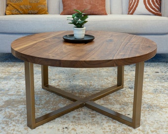 Round Coffee Table for Living Room - Round Walnut Coffee Table Wooden Solid Wood Modern Coffee Table with Metal Legs - Custom Made