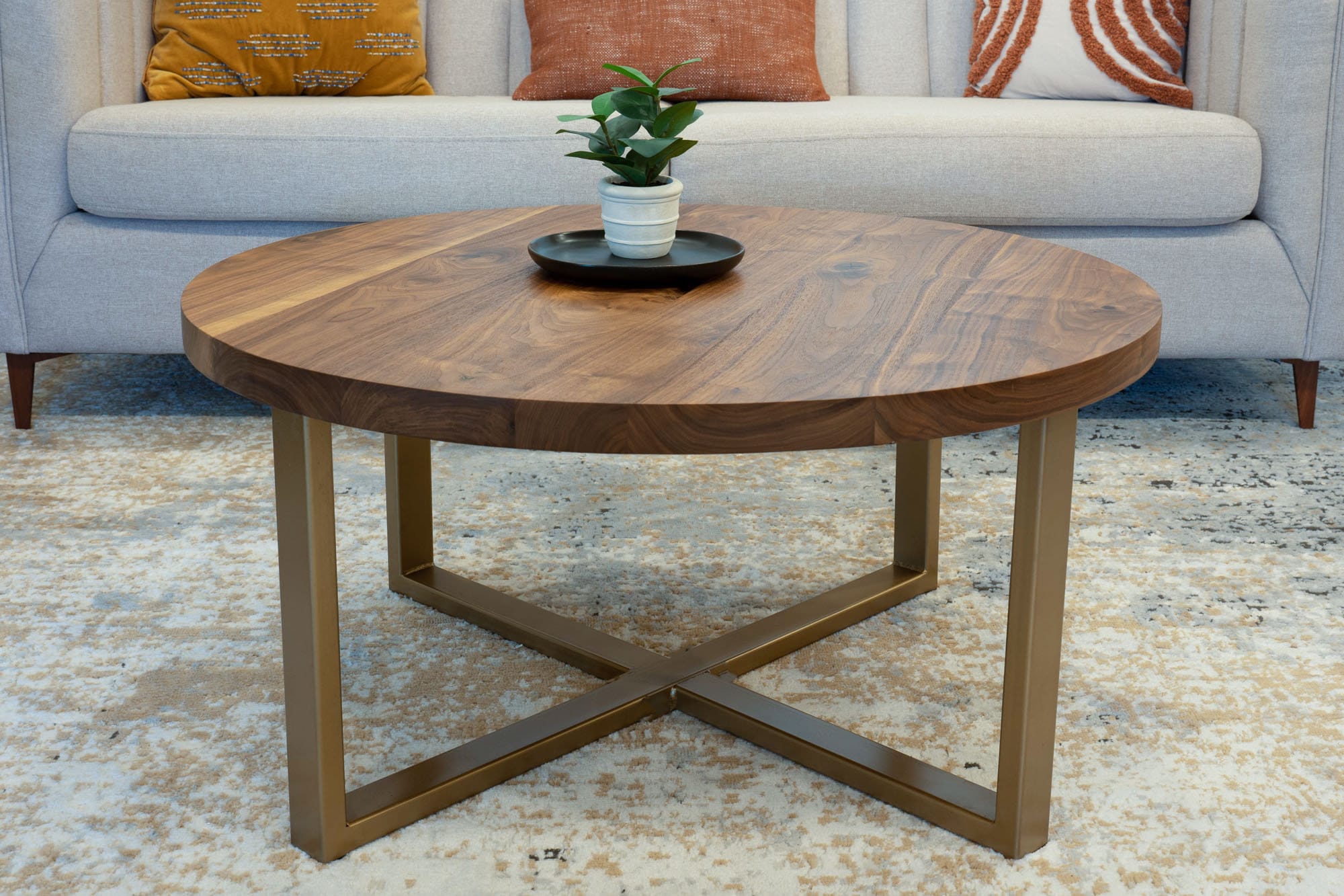 Round Coffee Table for Living Room - Round Walnut Coffee Table Wooden Solid Wood Modern Coffee Table with Metal Legs - Custom Made