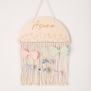 Personalized Wood Engraved Bow Holder | Boho Nursery Decor | Boho Kids Room Decor | Boho Bow Holder | Floral Bow Holder | Macrame Bow Holder