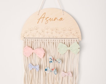 Personalized Wood Engraved Bow Holder | Boho Nursery Decor | Boho Kids Room Decor | Boho Bow Holder | Floral Bow Holder | Macrame Bow Holder