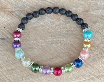 Birthstone glass pearl bracelet with lava beads