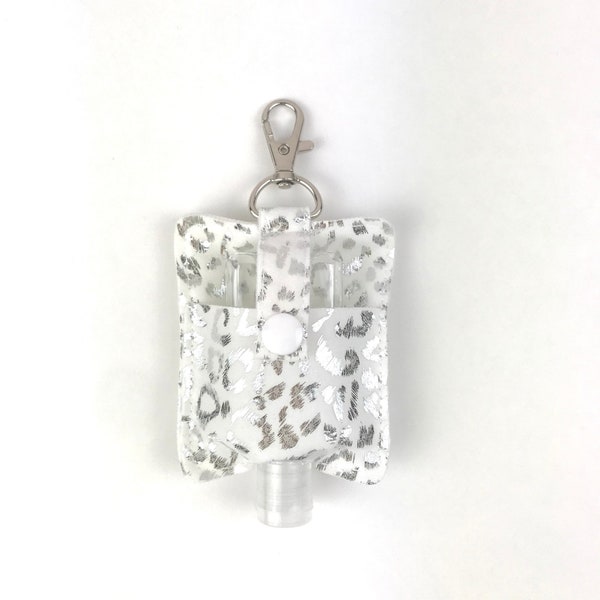 Hand Sanitizer Holder with Clip for Purses, Backpacks, Diaper Bags, Keychains - Silver Leopard Print