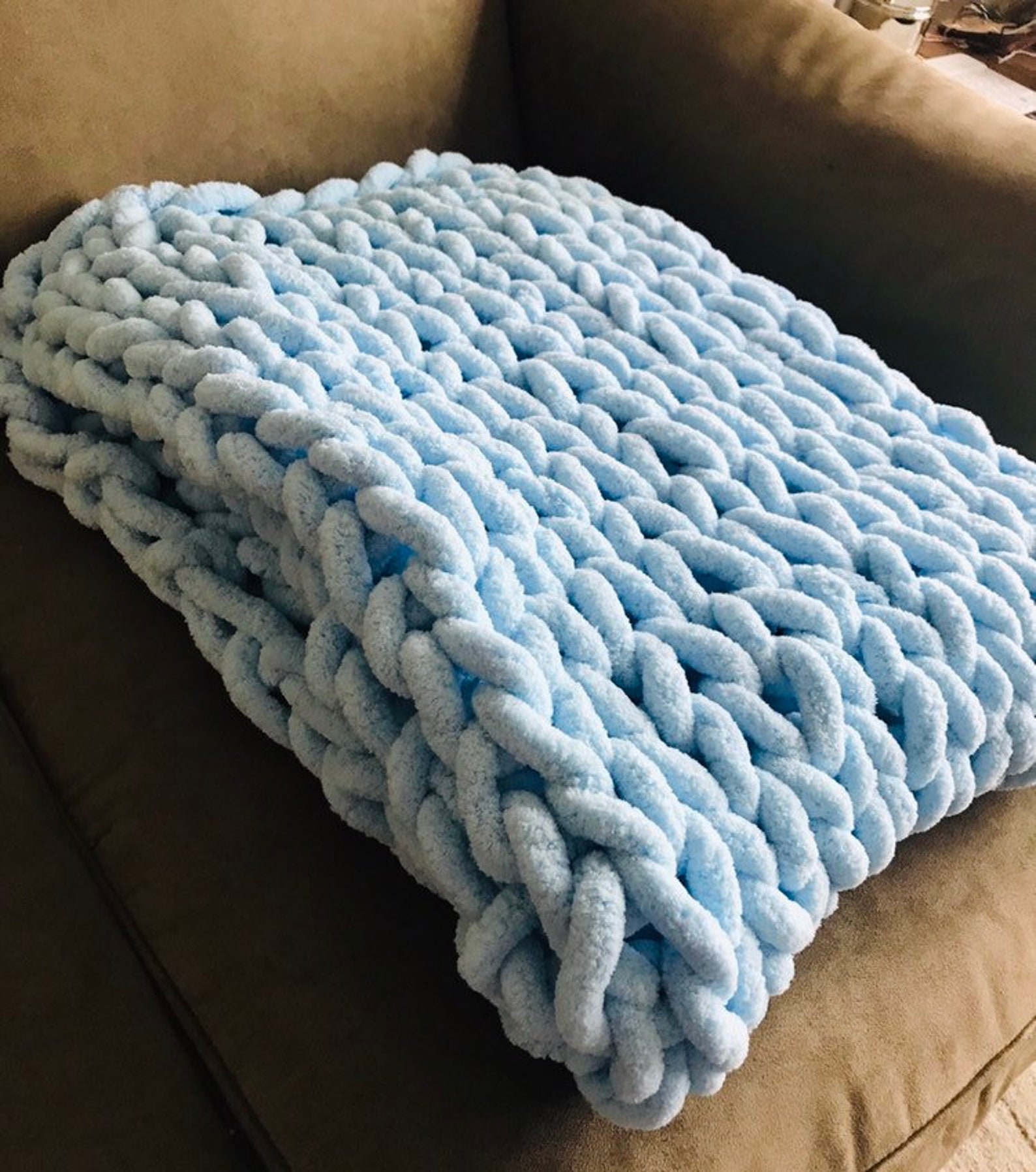 Chunky Hand Knit Chenille Baby Blanket Blue Etsy