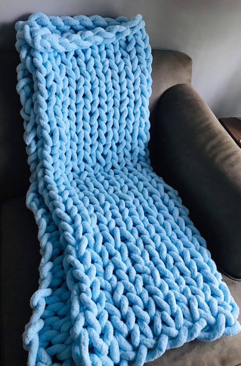 Chunky Hand Knit Chenille Baby Blanket Blue Etsy