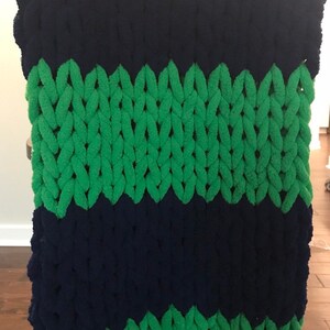 Hand Knit Chunky Chenille Blanket - blue and green stripes