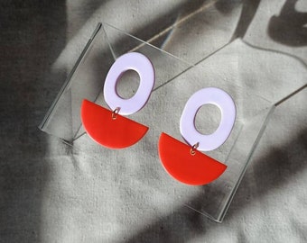 Geometric earrings in polymer clay, red and purple lilac jewel