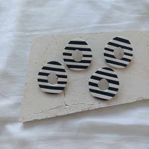 Handmade polymer clay earrings - black and white horizontal stripes - organic shape