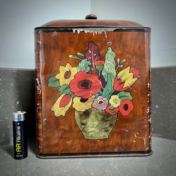 Vintage William Crawford tin tea caddy with painted flowers