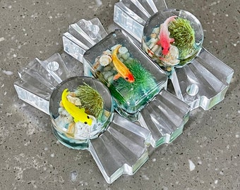 Set of 3 Handmade resin sweets with tiny aquarium scene.