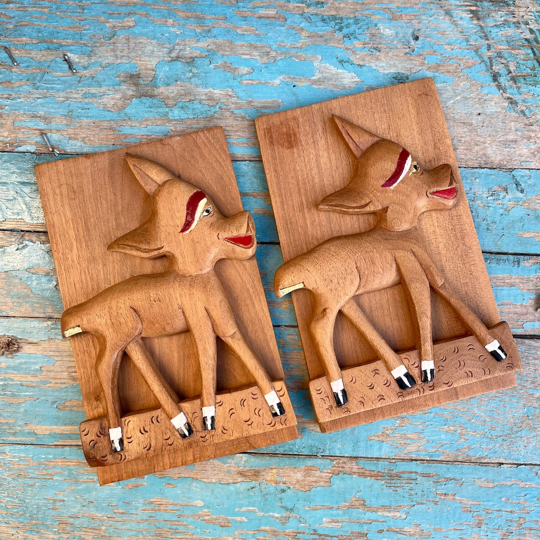 Vintage Wooden Folk Art Tramp Art Folding Bookends With Deer Etsy