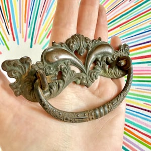 May include: A dark bronze-toned metal drawer pull featuring an ornate, symmetrical backplate with intricate scrollwork and leaf-like detailing. The hardware includes a curved, textured drop handle that swings from two circular loops on the sides.
