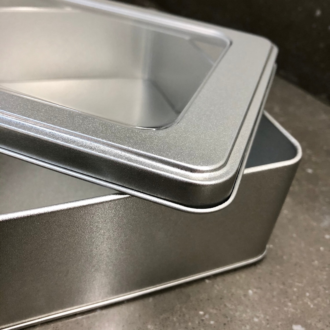 Extra large rectangular metal tin with stepped window lid. Etsy