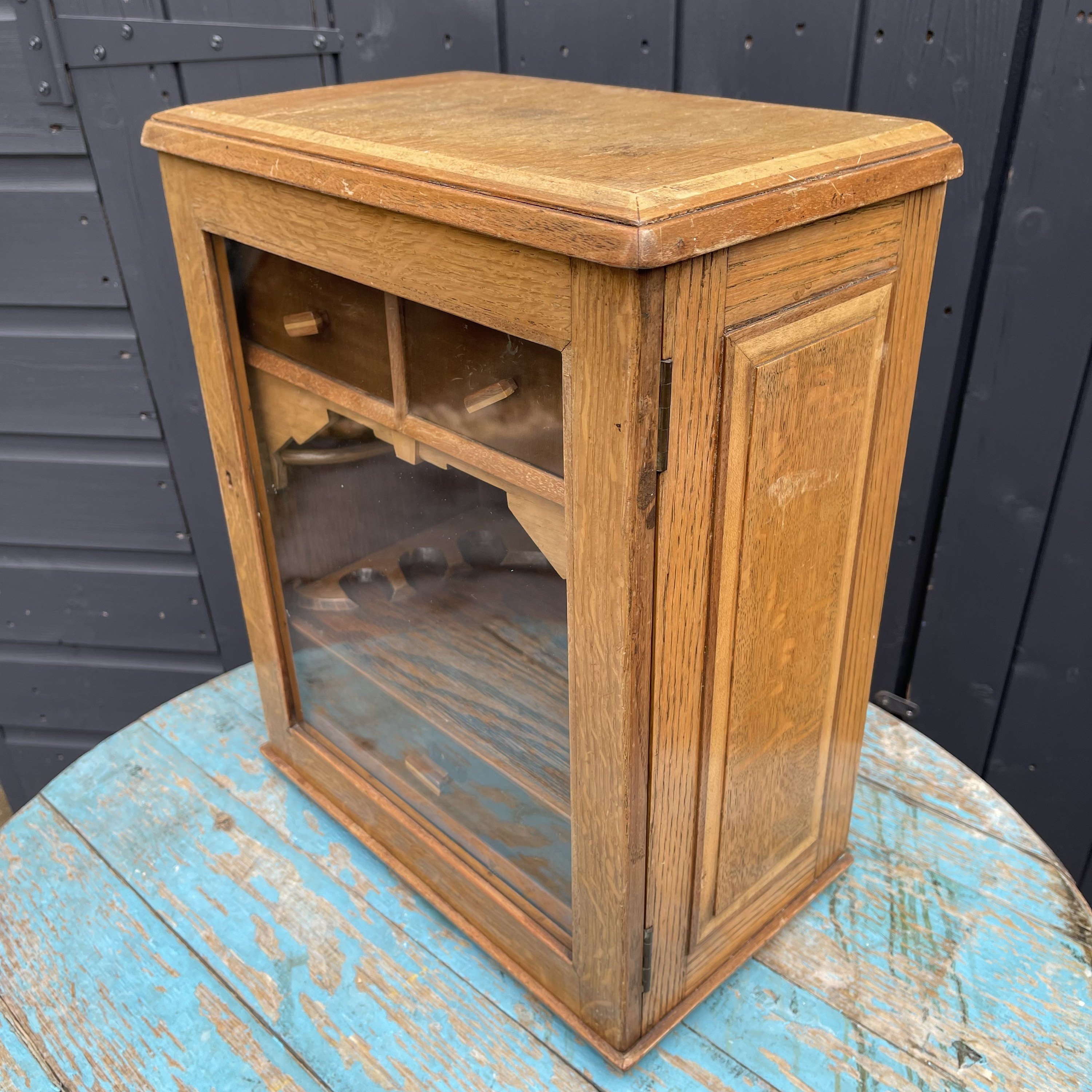 Vintage parquetry handmade Art Deco oak pipe cabinet. Four drawers, compartments. Apprentice piece