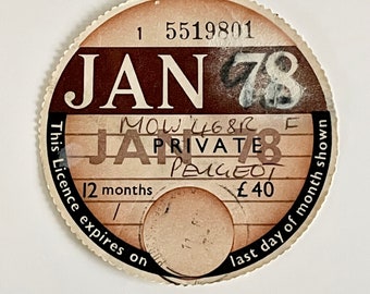 Original vintage UK road tax disc. Peugeot January 1978.