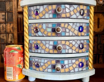 Große Vintage Schmuckschatulle mit 4 Schubladen und Mosaikdesign