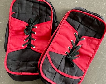 Two large handmade ‘boot’ storage bags, pencil case, shoe bag, kids, toiletries