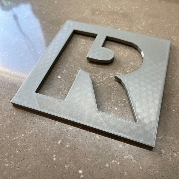 Large 3D printed letter stencil. Initial R in gunmetal grey