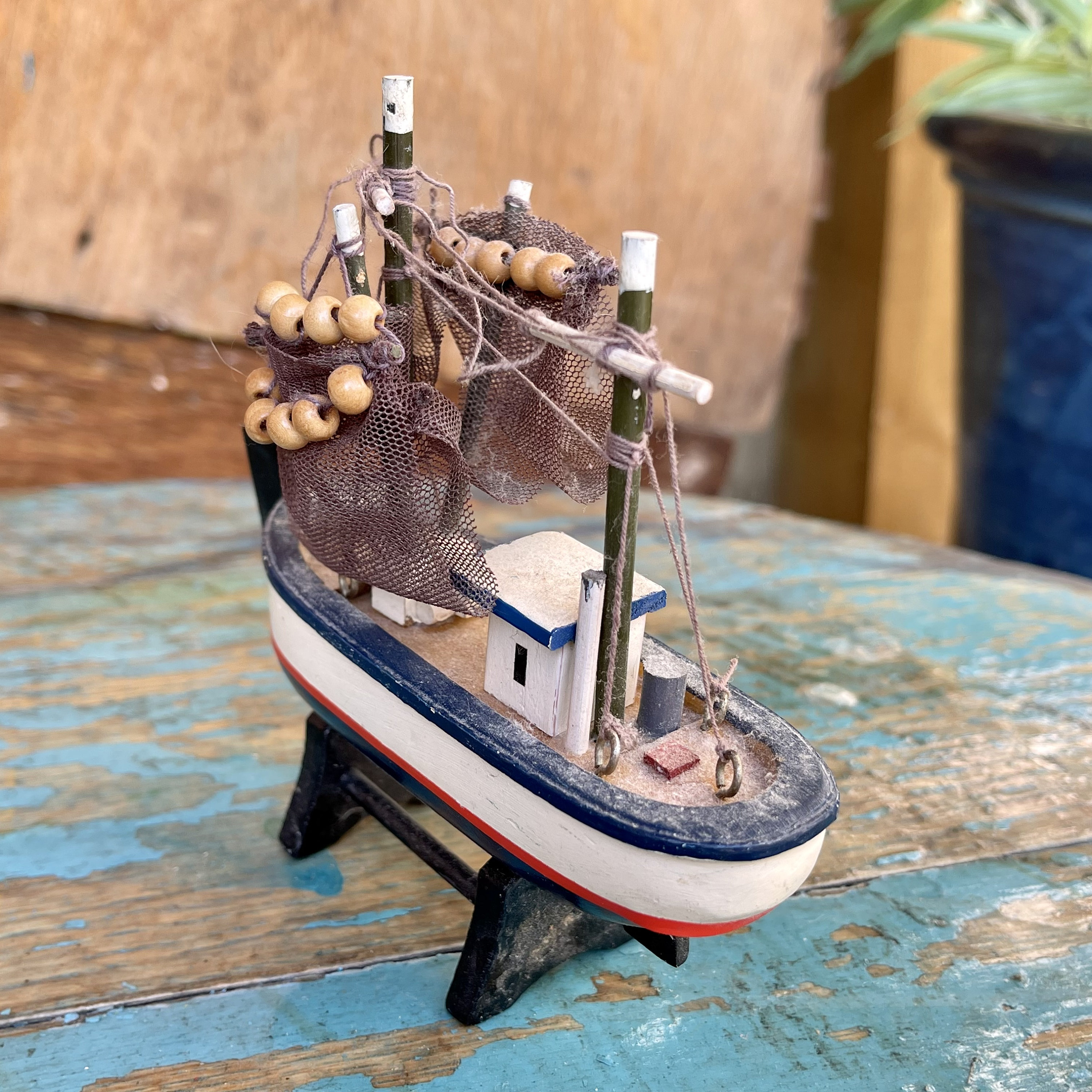 Vintage Miniature Wooden Model Fishing Boat 