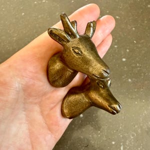 Könnte beinhalten: Ein Paar metallische, bronzefarbene Wandhaken in Form von Hirschköpfen. Der obere Haken zeigt einen detaillierten Hirschkopf mit Geweih, während der untere Haken ein kleineres, einfacheres Hirschkopf-Design aufweist. Beide haben ein strukturiertes Finish.