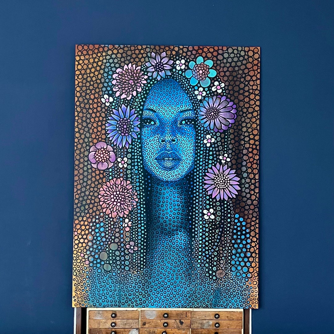 Original Acrylic Paint Pen Illustration on Canvas Panel. Blue Etsy UK
