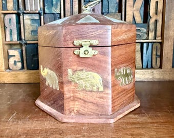 Small Indian hardwood spice box with brass elephants and lift out tray