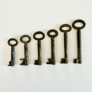 May include: A set of six antique metal skeleton keys arranged in a row from smallest to largest. Each key features a dark, weathered finish, a rounded bow at the top, a cylindrical shaft with decorative rings, and a distinct bit at the bottom end.