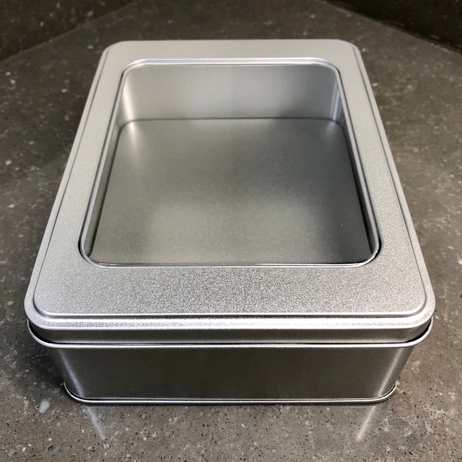 Extra large rectangular metal tin with stepped window lid. Etsy