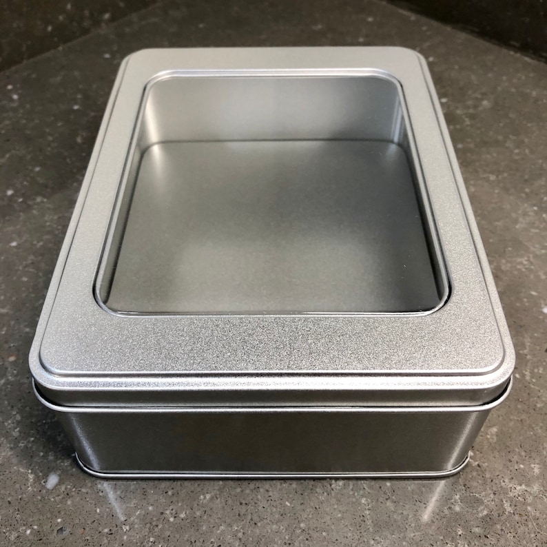 Extra large rectangular metal tin with stepped window lid. Etsy