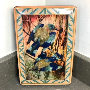 May include: A vintage tin tray with a peach-coloured border and a geometric pattern. The tray features a colourful image of two blue birds with brown bodies perched on a branch.