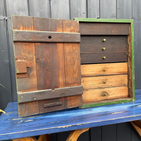 Primitive vintage wooden toolbox with 7 drawers and trays. Door with lock (no key)