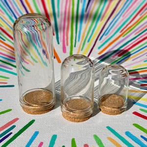 May include: Three clear glass cloches with cork bases of varying sizes. The cloches are cylindrical and dome-shaped. The background is a colorful, abstract pattern of vertical lines in various colors.