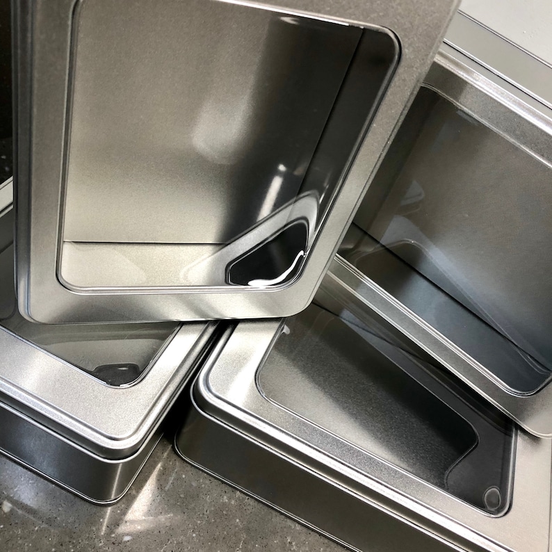 Super large rectangular metal tin with hinged window lid 1400ml