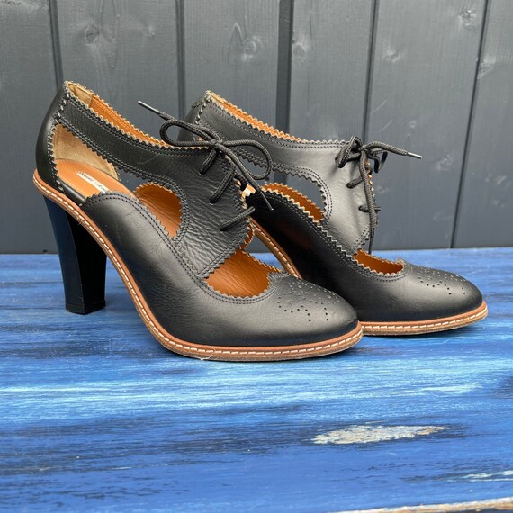 Black Leather High Heel Brogues by 