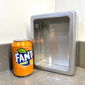 Super large rectangular metal tin with hinged window lid. 1400ml