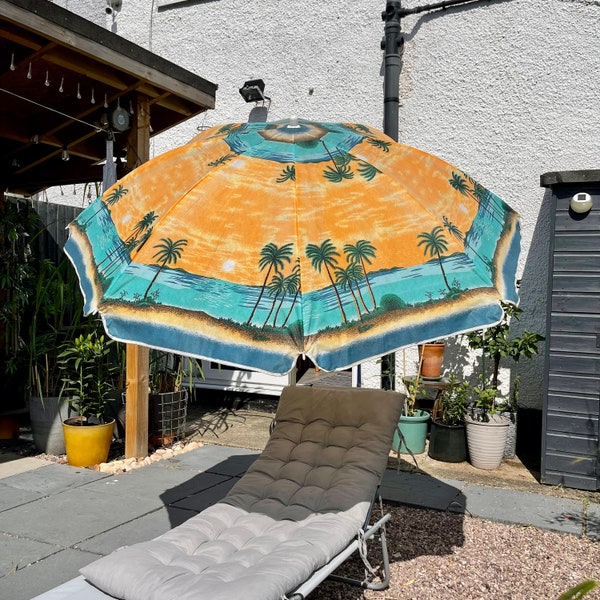 Vintage beach umbrella, table parasol. 1980s tropical palm trees