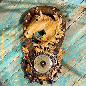 Vintage metal and wood horse head barometer. Made in France