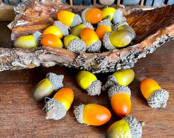 May include: A bowl filled with acorns, some with yellow caps and some with brown caps. The bowl is made of wood and has a rough texture. The acorns are scattered on a wooden table.